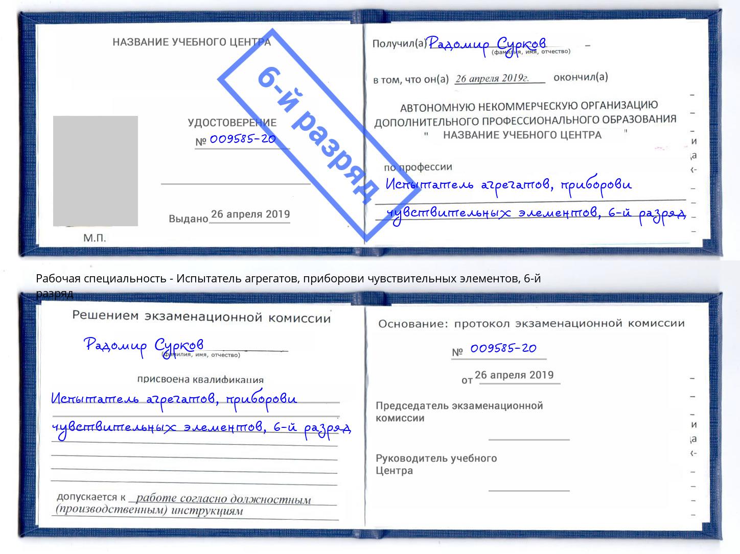 корочка 6-й разряд Испытатель агрегатов, приборови чувствительных элементов Полевской