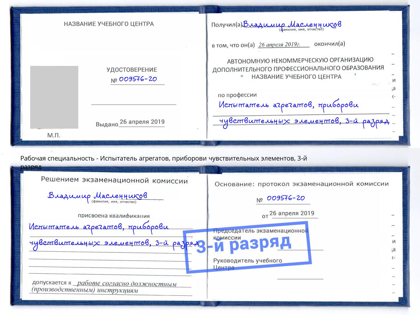 корочка 3-й разряд Испытатель агрегатов, приборови чувствительных элементов Полевской