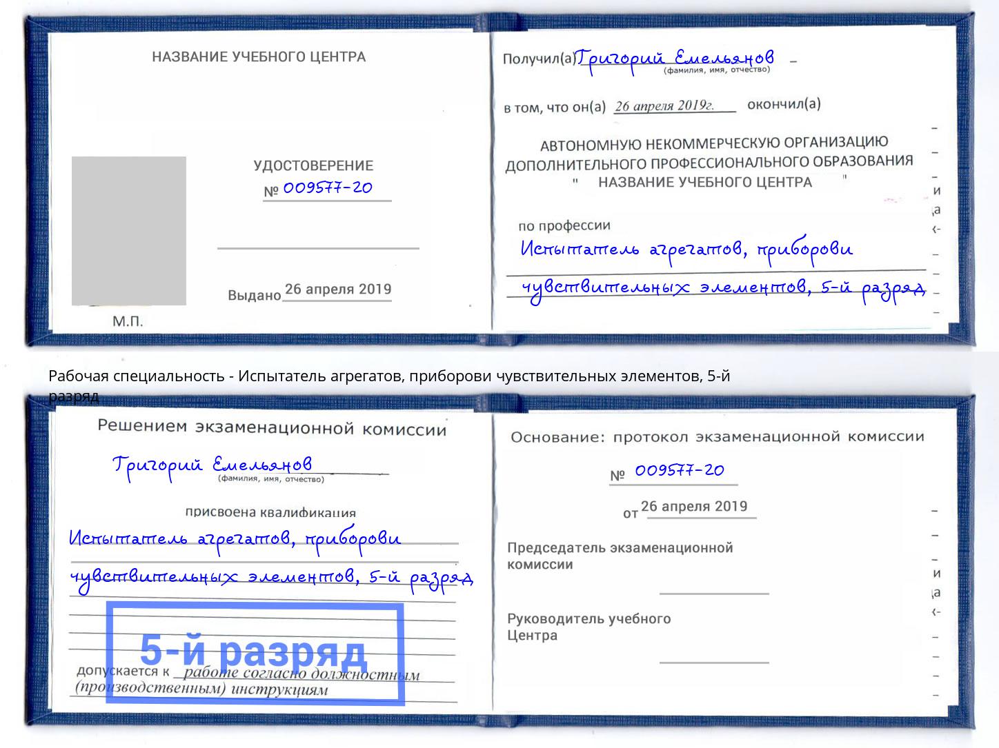 корочка 5-й разряд Испытатель агрегатов, приборови чувствительных элементов Полевской
