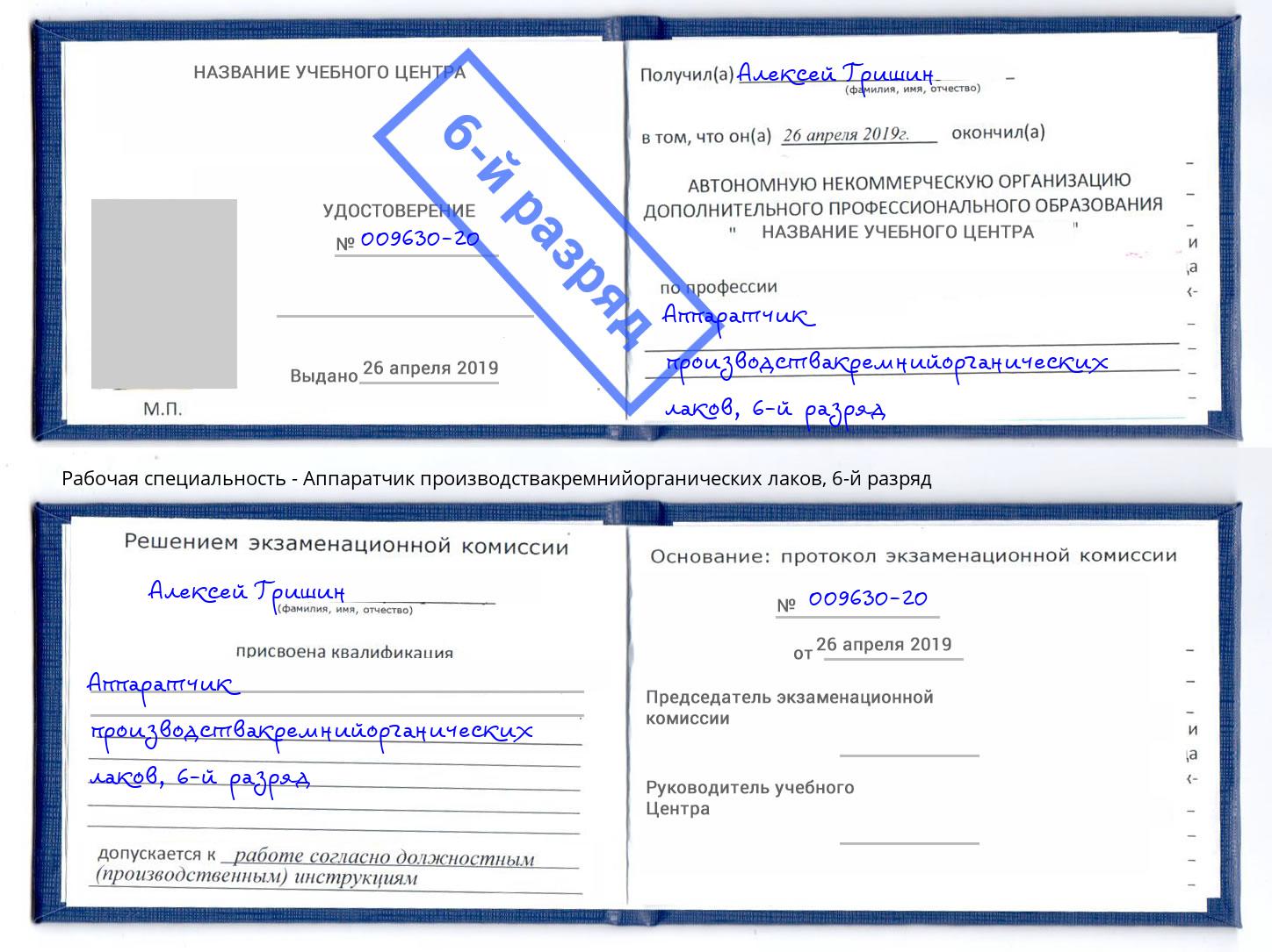 корочка 6-й разряд Аппаратчик производствакремнийорганических лаков Полевской