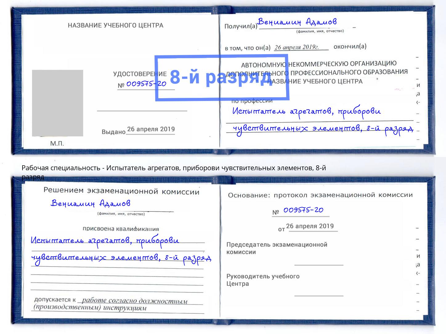 корочка 8-й разряд Испытатель агрегатов, приборови чувствительных элементов Полевской